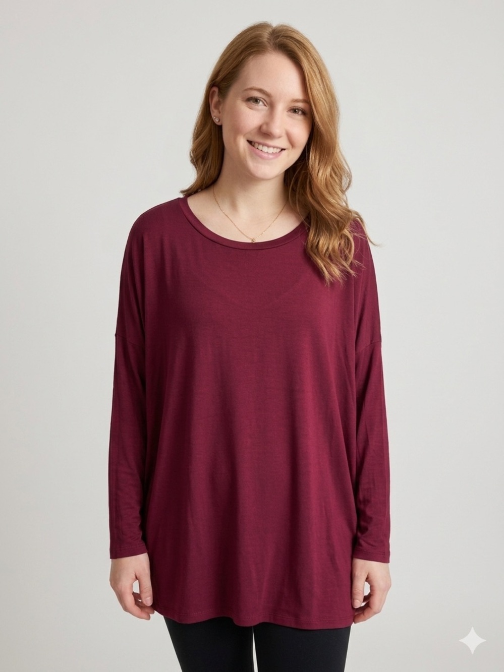 Piko Green Earth Fashion Size Large Relaxed Long-Sleeve Tunic Top in Burgundy